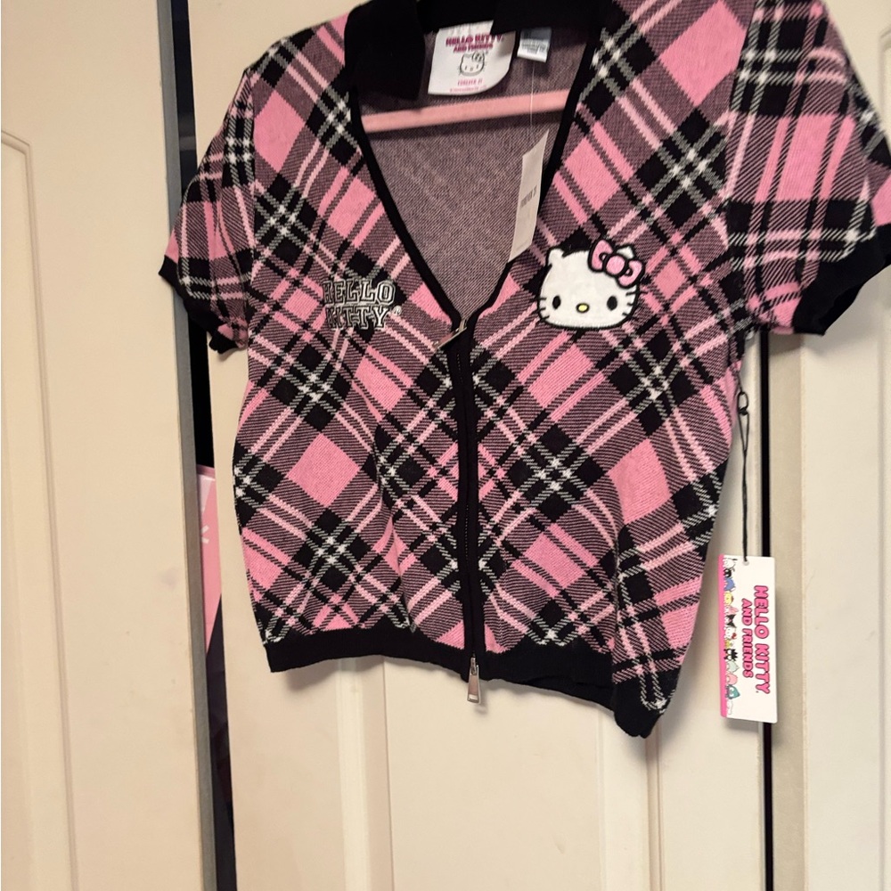 Forever 21 Hello Kitty Pink and Black Plaid Crop Top